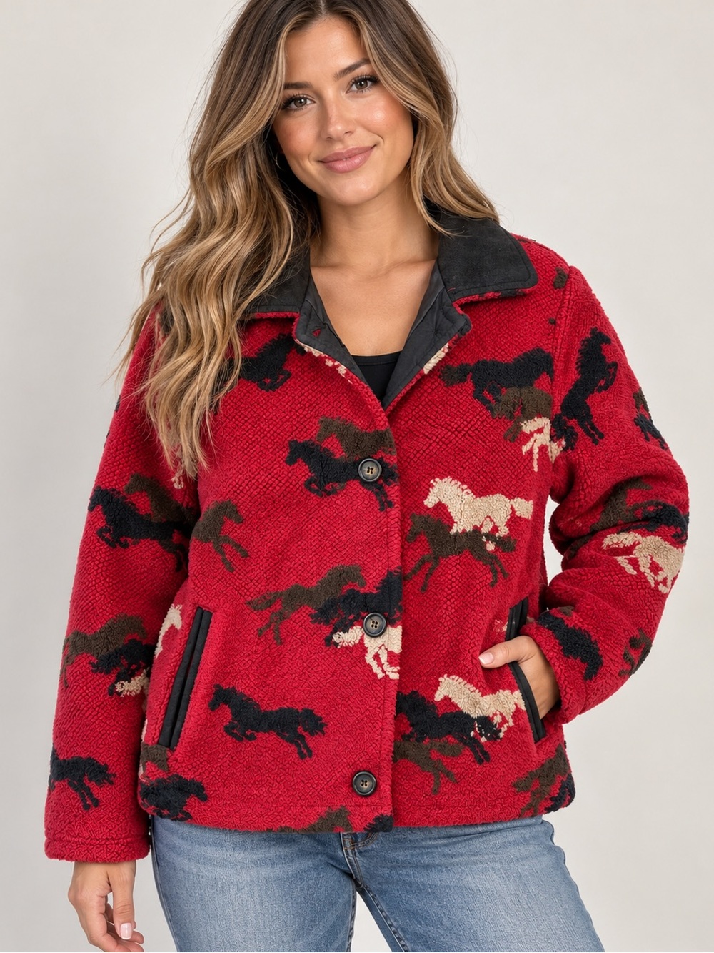 Tsunami Women’s Vintage Horse Print Fleece Jacket Red Black Made in Canada S/P